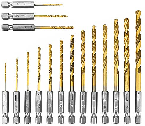 Saipor 16pcs Hex Shank Titanium Coated Twist Drills Bit Set 1.5-6.5mm High Speed Steel Quick Change Impact Driver Bit for Soft Metal, Wood, PVC and Plastic