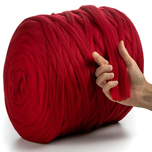 MeriWoolArt® XXL Merino Wolle Garn 2 cm Dick, Filzwolle Zum Trocken- und Nassfilzen, DIY Klobiges Garn für Decken, Baby Wolle, Arm Stricken (Rot, 100 g)