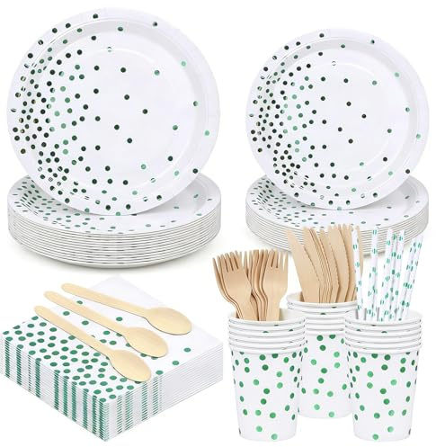 Komicea Partygeschirr Set Grün, 160 Stück Pappteller Set & Becher für Kindergeburtstag Deko, Geburtstagsdeko mit Servietten Strohhalme - Stabil Geschirr für Hochzeit Babyshower für 20 Gäste