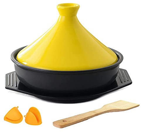 YLWX Tajine Marroqui, Olla De Cocción De Arcilla Hecha A Mano, Olla De Tajine For Cocinar, Utensilios De Cocina De Cerámica, Con Espátula De Madera (Color : Amarillo)