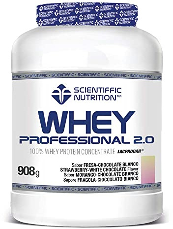 Scientiffic Nutrition - Whey Professional 2.0 Proteinas Whey en Polvo 100% Pura, para Aumentar la Masa Muscular, con Enzimas Digestivas y Lactasa - 908g, Sabor Fresa - Chocolate Blanco.