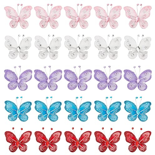 GORGECRAFT 25 STÜCKE 5 Farben Organza Schmetterlinge Mit Draht Und Strass Stoff Schmetterling Dekoration Glitzer Nylon Mesh Schmetterlinge Spitzenborte Für Hochzeit Party Kleidung Ornamente Handwerk