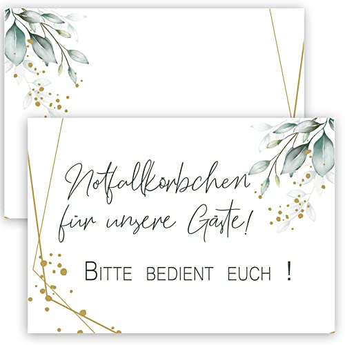 4x Notfallkörbchen Schilder Notfallkorb Schild Karte A6 Karten Feier Geburtstag Hochzeit Hochzeits Notfallset Party Spaß Deko Hochzeitsdeko Grün Weiß Gold Blätter Vintage 30 40 50 60 70 80 90