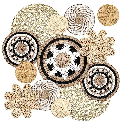Glenmal 13 Stück Boho Wandkorb Dekor Gewebte Rattan Flache Körbe Handgemachte Boho Weide Bambus Seegras Wandbehang Dekor für Schlafzimmer Wohnzimmer Esszimmer Büro Fertig zum Aufhängen (Böhmen)