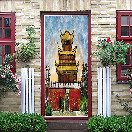 3D Türaufkleber 77 X 200 Cm Türtapete Selbstklebend Fototapete Türpanel Türposter Türfolie Türsticker Pvc Wasserfest Wandbild Wandaufkleber Für Wohnzimmer Kinder Bad Schlafzimmer, Vintage-Gebäude-Sch