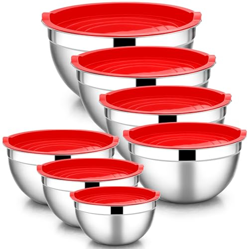 HaWare blandningsskål, rostfritt stål skål set om 7, stapelbar salladsskål med lufttätt lock för bakning/matlagning/förberedelse, diskmaskinssäker, 6,5/4,5/3/2,5/1,5/1,2/0,7 L, röd