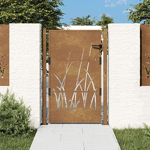 Festnight Puerta de Jardín Metalica Cancela de Valla Barrera de Jardín Puerta de Valla de Jardín Entrada Exterior de Acero Inoxidable, Robusta y Duradera, Oxidado Diseño Hierba 105x155 cm