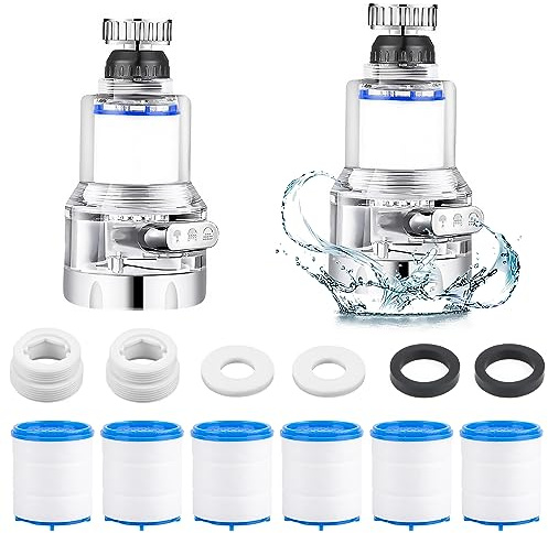 Wasserfilter für Wasserhahn, 2 Stück Wasserhahn Filter, 360° Tap Water Filter mit 3 Sprühfunktion, Wasserfilter mit 6 PP-Baumwollelementen, Wasserhahn Entkalker Aufsatz für Küche Badezimmer