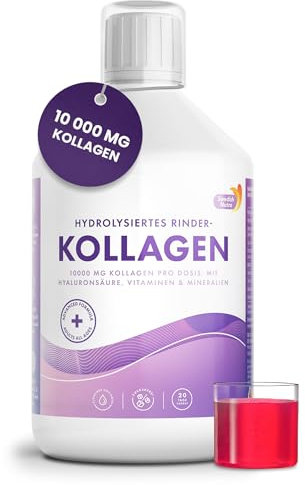 Flüssiges Kollagen 10.000 mg Zuckerfrei 500 ml | Reines hydrolysiertes Grasfutter-Kollagenpeptide (Typ I & III) | Hyaluronsäure, Biotin | Haut, Haare, Nägel | natürlicher Geschmack - 20-Tage-Vorrat
