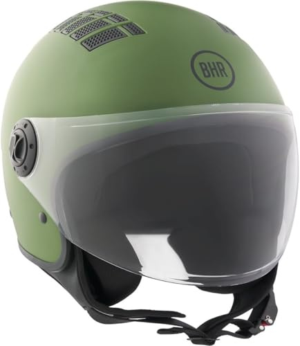 BHR Casco Demi-Jet, Casco Scooter 834 FLOW, Estivo, Verde Opaco, XS | Omologato ECE 22.06, Estivo con 16 Fori di Aerazione, Visiera Antigraffio e Sgancio Micrometrico, Uomo e Donna