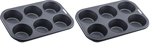 iCook Premium 6 Cup Deep Muffin Pan - Non-Stick, Carbon Steel, Dishwasher Safe - Excellent Heat Conduction - 32cm Length x 22cm Width x 4.25cm Height - Easy to Clean (Pack of 2)