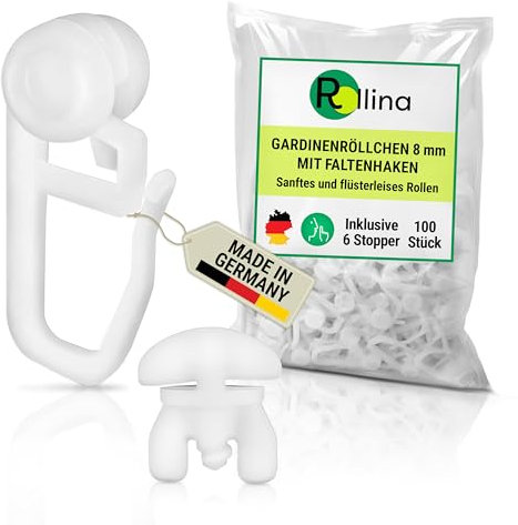 Rollina Gardinenhaken 8mm (100 Stück) inkl. 6 Feststeller | Gardinenröllchen für Schienen mit 3,5-4 mm Innenlauf | Gardinengleiter in Standardgröße | Vorhanghaken mit Stopper