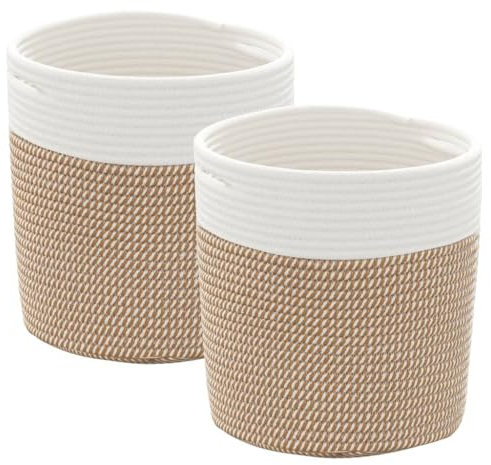 vidaXL Aufbewahrungskorb 2 STK., Wäschekorb Geflochten Faltbar, Rund Flechtkorb Korb mit Griffen, Wäschesammler Spielzeugkorb, Braun Weiß Ø28x28cm Baumwolle