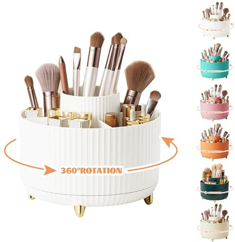 360° Drehbar Make up Organizer, Pinselhalter Kosmetik Aufbewahrung mit 5 Fächern, Aesthetic Schminktisch Organizers für Zimmer Decor Frisiertisch, Schlafzimmer,Badezimmer Organisation (Weiß)