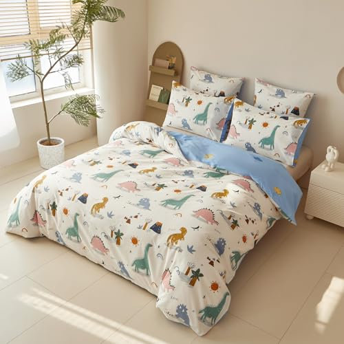 YASMENG Kinderbettwäsche 135x200 Dino Motiv Bettwäsche Kinder 100% Baumwolle Wendebettwäsche 2teilig für Jugendliche Kinder Jungen mit Reißverschluss und 80x80 cm Kissenbezug