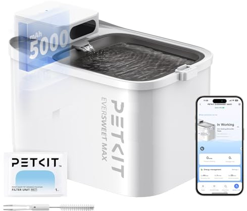 PETKIT Wireless Cat Water Fountain, EVERSWEET MAX 3L, Cordless 5000mAh Battery Operated Cat Fountain with Motion Sensor, App Control/Monitor, Ultra Quiet, Rechargeable Pet Water Fountain for Cats Dogs