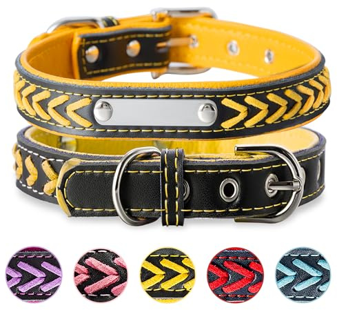 Buruslove Geflochtenes Leder Hundehalsband mit Gravur – Personalisiertes Halsband in Gelb mit Namensschild, verstellbar und weich, für Welpen, Größe XS