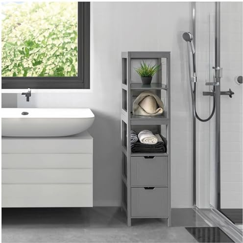 osoltus Beistellschrank Badezimmer Hampton | Cottage Design 1 Tür mit 2 Regalböden und 4 Schubladen | Badezimmerschrank Holz 55 x 32 x 82 cm (LBH) (schmal grau)