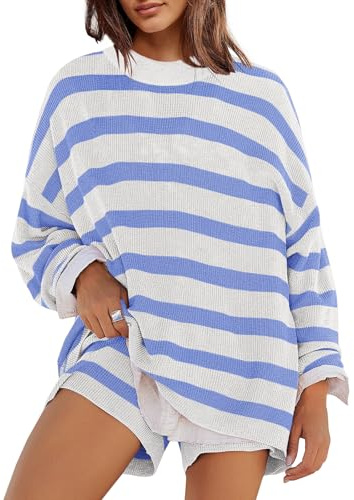 Panadila Womens Striped Sweater Set Oversized Lounge Sets Matching Pajamas Long Sleeve Sweater Top and Shorts