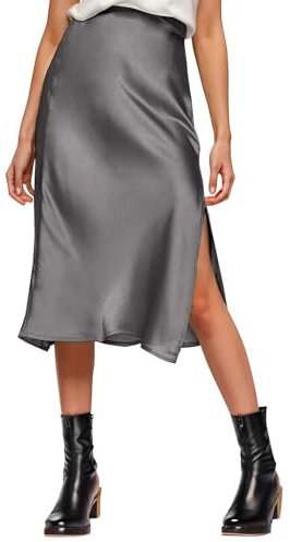 Amy Babe Damen-Midirock aus Satin-Seide, hohe Taille, Schlitz, elastischer Bund, Midi-Röcke für Damen, GRAU, Mittel