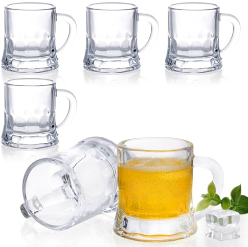 Futtumy 2 OZ Mini Beer Mug Shot Glasses with Handles, Mini Beer Shot Glasses for Party Christmas Birthday BBQ, Beers Mugs for Freezer Men Women Father Dad Beer Whiskey, Beers Mugs Bulk(6 PCS, Glass)