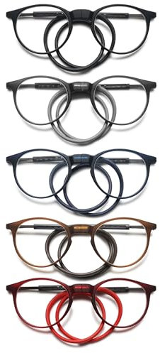 KOOSUFA Runde Magnetische Lesebrille mit Magnetverschluss Clip Herren Damen Leicht TR90 Faltbare Lesehilfe Arbeitsplatzbrille mit Einziehbare Brillenbügel, zum Aufhängen am Hals 5 Farben Set 1.0