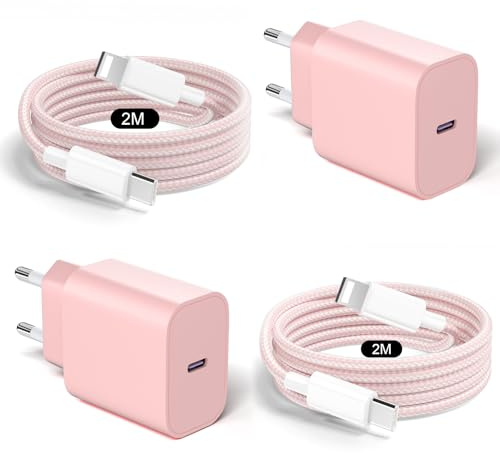 Cargador para iPhone 14/14 Plus/14 Pro/14 Pro Max/13/12/11/Mini/X/XS/XR/SE, 2Pack USB C Enchufe con 2Pack 2M Cable de USB C a Lighting, 20W PD3.0 Cargador Carga Rapida para iPhone - Rosa