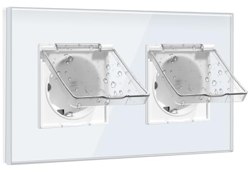 BSEED Schuko Steckdose mit Wasserdichter Abdeckung,Wandsteckdose 2 Fach Kristall Glas Platte, Unterputz Doppelsteckdose 16Amp Weiß,Ideal für Feuchträume, Outdoor & Indoor Verwendung