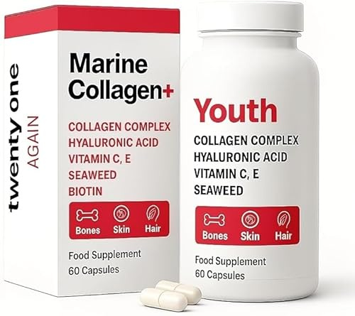 Twenty One Again Marine Collagen Supplements for Women & Men 500mg | Collagen Hyaluronic Acid Complex | 60 Capsules