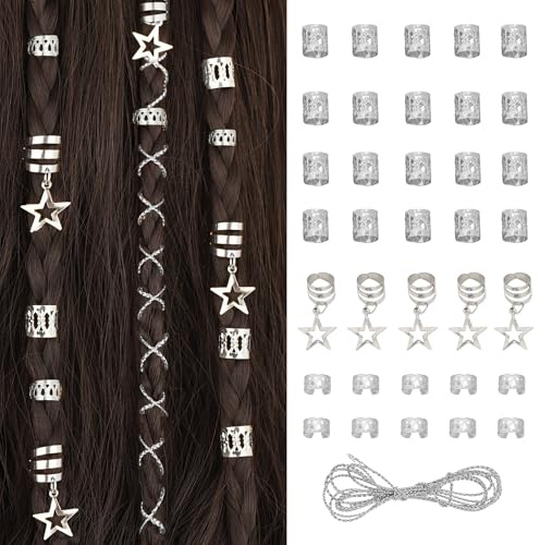 XCSJ 36 Pcs Dreadlocks Schmuck Verstellbar Metall Cuffs Haarschmuck Zum Flechten Haarperlen Zum Klipsen Haarschnüre Für Zöpfe Haarschmuck Dreadlocks Für Frauen Mädchen (Silber)