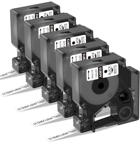 Invoker 5x a43613 Ersatz für Dymo D1 Etikettenband 6mm x 7m Kompatibel mit Dymo D1 Etikettenband Schwarz auf Weiß Schriftbänder 43613 S0720780 für LabelManager 160 210D 280 360D 420P 500TS 640CB PnP