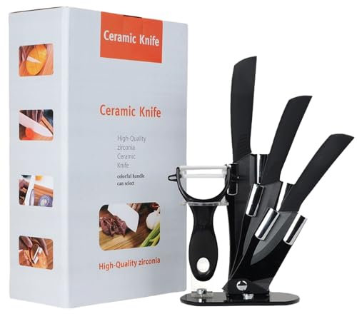 lcvtos Set di 3 Coltelli in Ceramica + Pelapatate in Ceramica e Blocco Coltelli, Coltelli in Ceramica Durevoli Professionali per Tagliare Frutta, Verdura e Carne, Nero