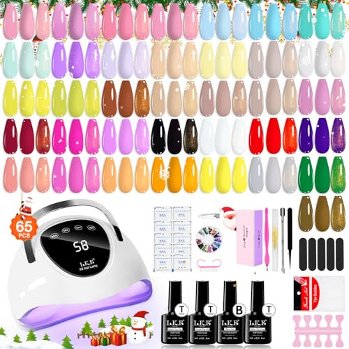 LKEE Gel Nail Polish Set with 108W U V Lamp - 65Pcs Nail Kits for Starter,36 Vibrant, Shimmering, and Matte Colors Gel Nail Polish with Base Coat and Top Coat (Pastel Hues)