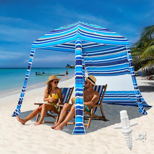 Grandekor Beach Cabana Strandüberdachung mit Sandanker, Seitenwandhaken, UPF 50+, UV-Strandschirm, tragbar, kühl, Cabana-Strand, einfacher Auf- und Abbau, mit Sandtaschen