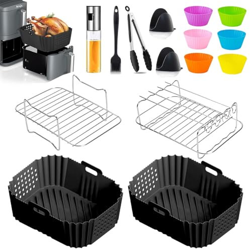 AirFryer Zubehör Mit Ninja Double Stack XL 9,5L SL400EU,Silikon Backformen Heißluftfritteuse Zubehör für Ninja Foodi Dual Zone AF300EU 7,6L,AF400EU AF451EU 9,5L,cookwise Dual Zone XL 9L (15-teiliges)