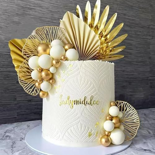 20Pcs Cake Decorations Gold Balloon Cake Topper with Paper Palm Fan Cake Decorations DIY Birthday Party Dessert Decoration for Wedding Birthday Anniversary Holiday(Gold)