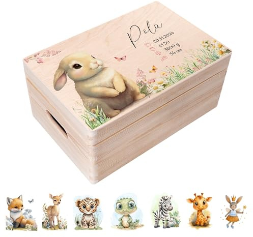 Creative Deco Erinnerungsbox Baby Personalisiert mit Namen - Waldtiere | 30 x 20 x 14 cm | Individuelle Erinnerungskiste Geschenk zur Geburt für Mädchen und Jungen | Holzkiste mit Deckel | Farbdruck