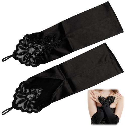 Damen Lange Spitze Opernhandschuhe Satin, 35 cm, Hochzeits und Brauthandschuhe für Partys, Weihnachten, Halloween und besondere Anlässe, Bequeme Fingerhandschuhe im Vintage-Stil