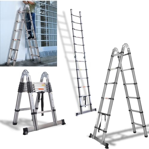 Telescopic Ladder, Extension Portable Loft Stainless Steel 1.9M+1.9M A Frame Foldable Collapsible Extendable Ladder, Max Load 150kg/330lbs, Maximum Height 12.5FT/ 3.8M