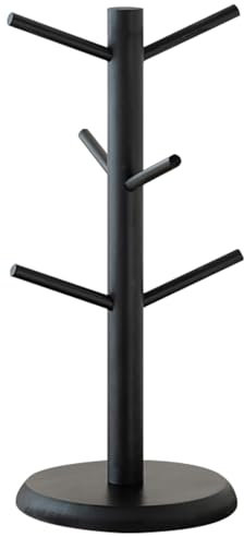 Lizbin Becherhalter Baum, Kaffeetassenhalter, Kaffeetassenbaum mit 6 Haken, dekorativer Becherhalter für Arbeitsplatte, rutschfester Holz-Kaffeetassen-Tassenbaum, Kaffeebar-Zubehör (Schwarz)
