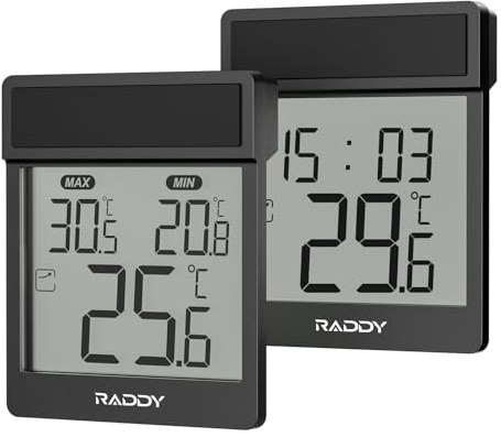 Raddy WT-1 Thermomètre de fenêtre numérique, IP44 étanche intérieur extérieur avec écran LCD clair, enregistrement Max/Min, montage adhésif, à pile pour maison serre, lot de 2 (Noir)