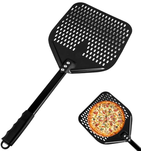 LOPYXBR Pelle à pizza perforée en aluminium avec poignée, 39 x 30 cm, avec trou de suspension, pelle à pizza perforée pour pizzas faites maison, pâtisserie, pain