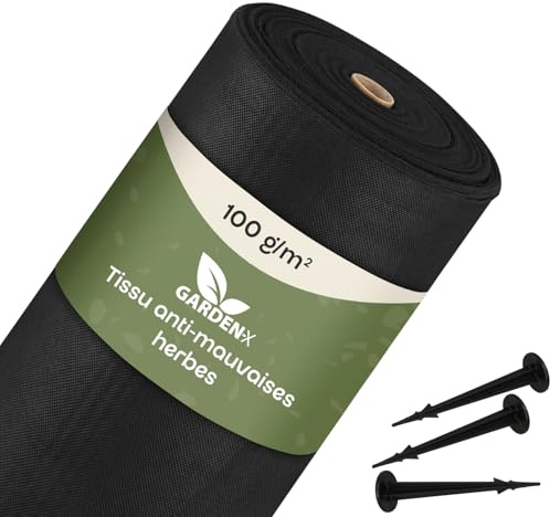 GARDENIX Toile anti-mauvaises herbes 200 m² avec 50 piquets d'ancrage 200 m² (2 m x 100 m) – Perméable à l'eau 100 g/m² – Noir – Film anti-UV, pour parterre surélevé, Film anti-mauvaises herbes, Bâche