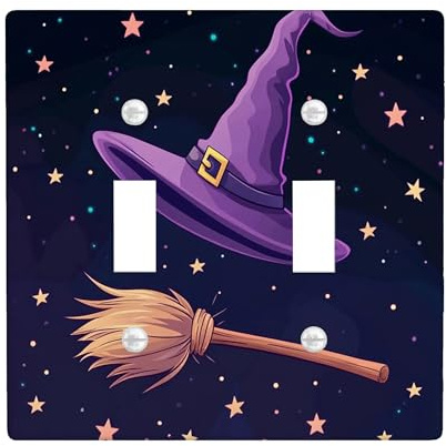 Halloween Witch Magic Broom Decorative Light Switch Cover Plate 2 Gang Double Toggle, Cute Fun Cartoon Witchy Hat Electrical Faceplate for Room, Cool Kid Switchcover Switchplate