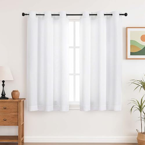Simplebrand White 2 Panels 137 cm Long Small Curtains for Living Room, Faux Linen Textured Solid Eyelet Curtains for Window Bedroom, Privacy Room Darkening Drape for Kithcen, W140 x H137 cm，