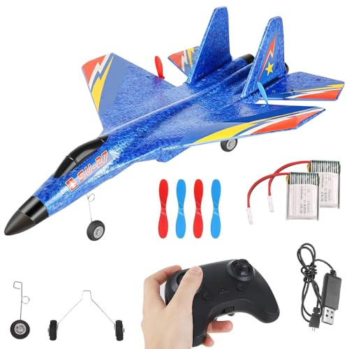 XUXLEKK F-22 RC flygplan, 2,4 Ghz fjärrstyrt flygplan, 3CH RC flygplan RTF med gyrosystem och LED-lampor, skum fjärrstyrt flygplan, USB-laddning RCpresenning för nybörjare vuxna (blå)