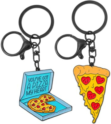 AEIXYA 2 piezas de llaveros para parejas, llaveros de metal esmaltado, motivo de pizza, llaveros con colgante para bolso, anilla espiral resistente, regalo para parejas para mochilas y carteras