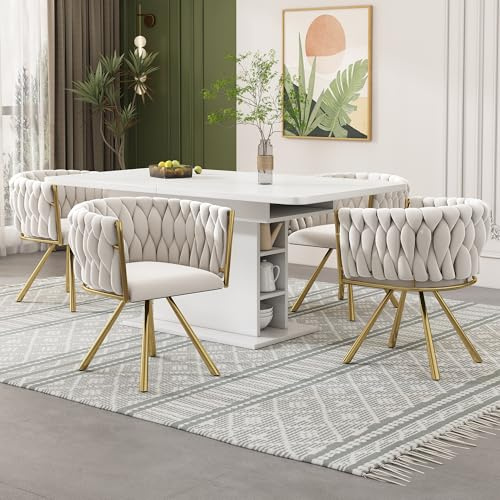Merax Drehstuhl 4er Set, Moderne Armlehnstuhl aus Samt, Esszimmerstuhl Drehbar mit Metallbeinen, für Esszimmer, Wohnzimmer, Schlafzimmer, Beige und Gold