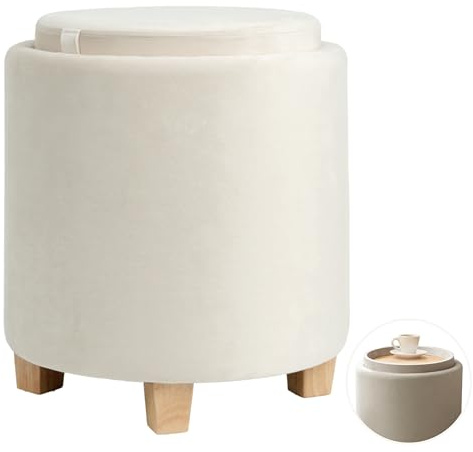 Zedelmaier Sitzhocker mit Stauraum, rund, aus Samt, Ø 32 x 38 cm, Beige | Samt-Polsterhocker, zylindrisch, bis 150 kg; Holzbeine, Wendedeckel als Tablett, Fußhocker, Pouf oder kleiner Couchtisch