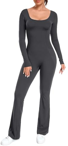 Ecupper Jumpsuits Damen Yoga Bodycon Einteiler Zip Up Overall U-Ausschnitt Rompers Langärmelig Schlaghosen Workout Outfit Grau XS